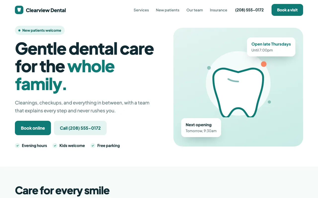 Sample dental clinic homepage in white and teal, with a booking button