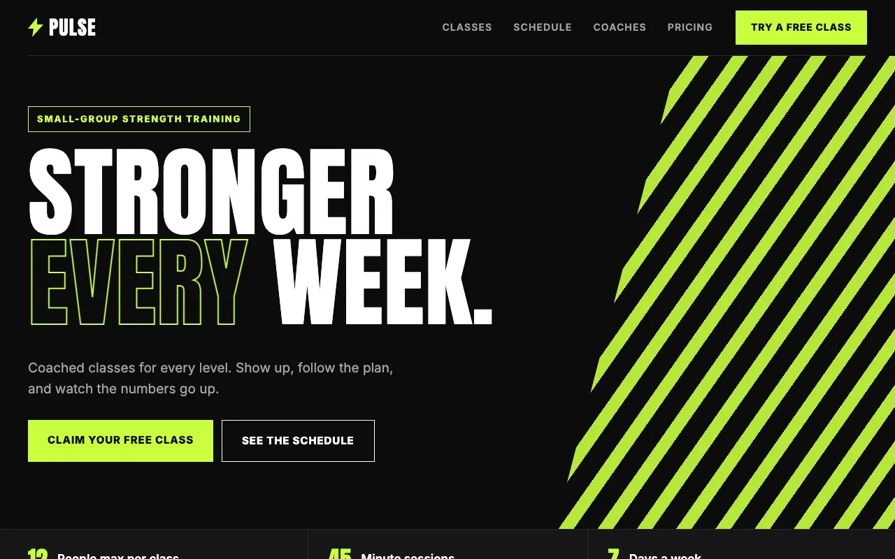 Sample gym homepage in black and lime, with bold condensed type