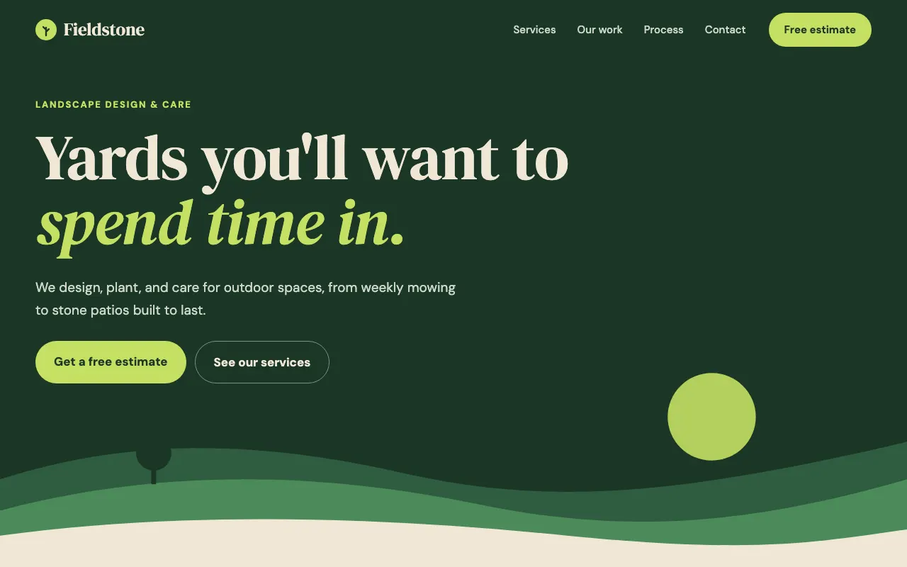 Sample landscaping company homepage in deep green with rolling hills