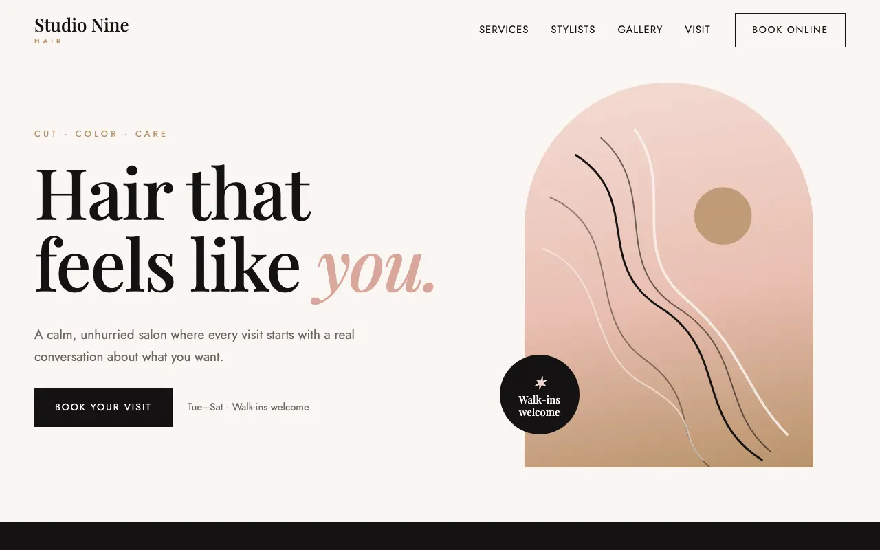 Sample hair salon homepage in black and blush, with an elegant serif headline